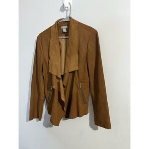 Neiman Marcus Exclusive Brown 100% Leather Open Jacket Cardigan Pockets Sz L